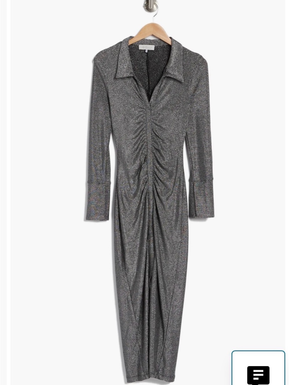 WAYF Metallic Silver Ruched Long Sleeve Midi Dress Small